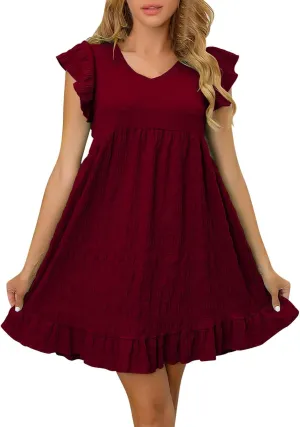 Cute Summer Mini Dress for Women Fashion Ruffle Sleeve Solid Dresses Casual Loose Fit Pleated Beach Vacation Dress