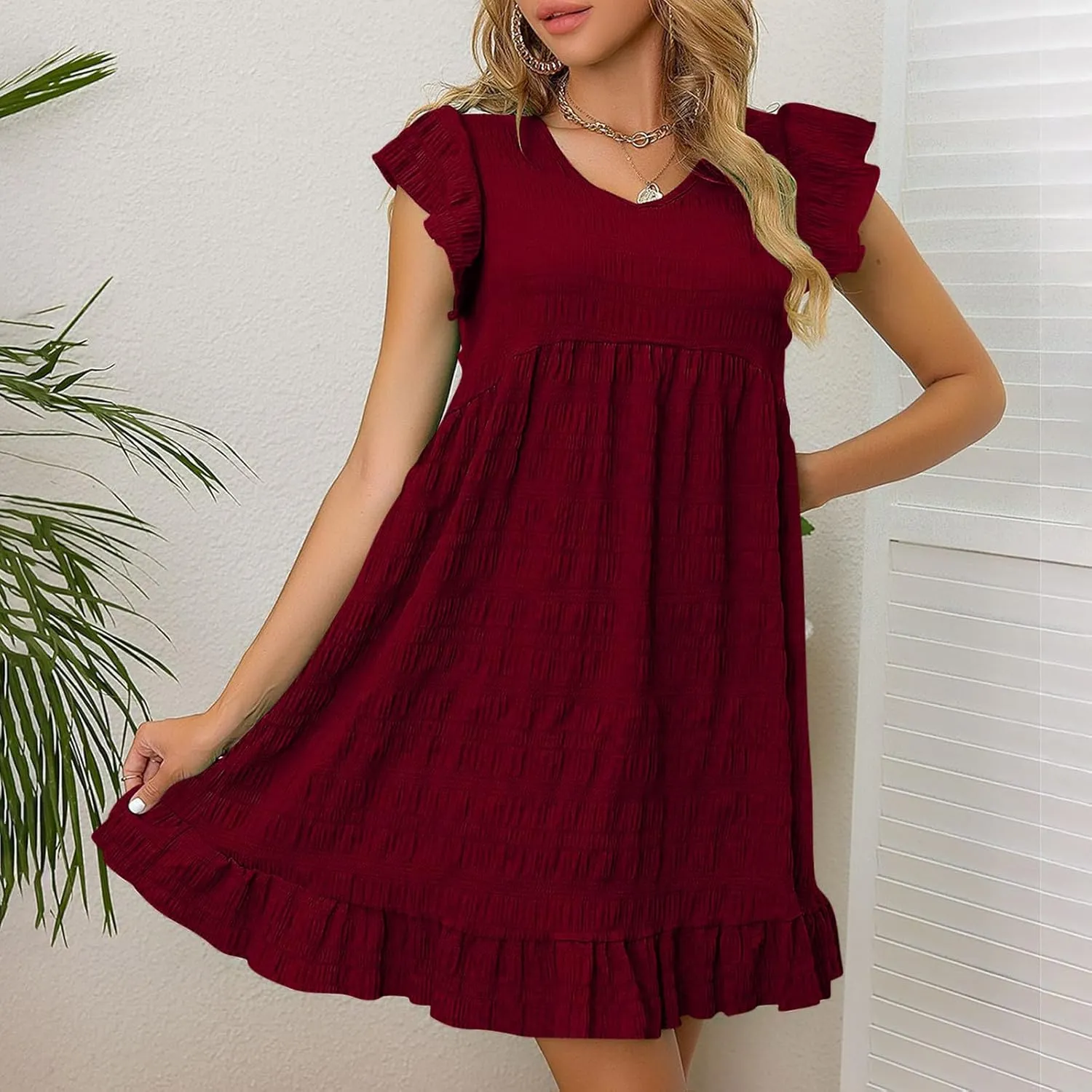 Cute Summer Mini Dress for Women Fashion Ruffle Sleeve Solid Dresses Casual Loose Fit Pleated Beach Vacation Dress