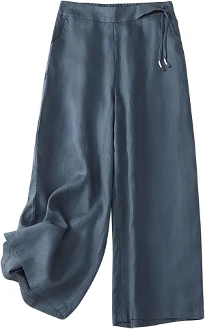 DASAYO Linen Pants for Women Trendy Elastic Waist Casual Cropped Palazzo Pants Laides Summer Beach Flowy Wide Leg Trousers