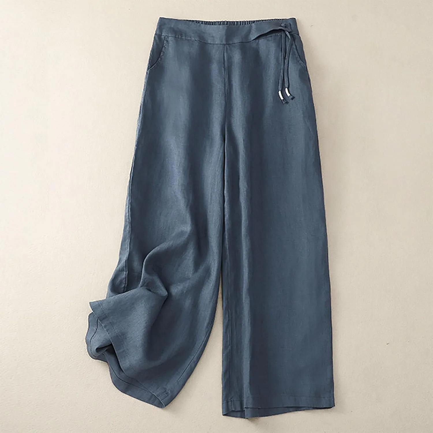 DASAYO Linen Pants for Women Trendy Elastic Waist Casual Cropped Palazzo Pants Laides Summer Beach Flowy Wide Leg Trousers