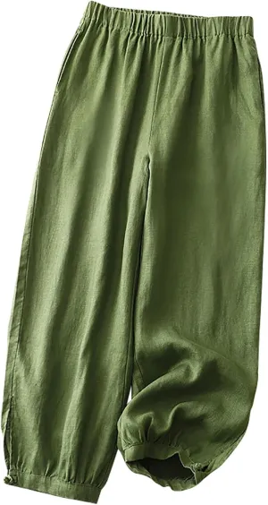 DASAYO Linen Pants Women Elastic Waist Baggy Casual Trousers Loose Fit Herem Pants with Pockets Ladies Summer Outfits Fashion