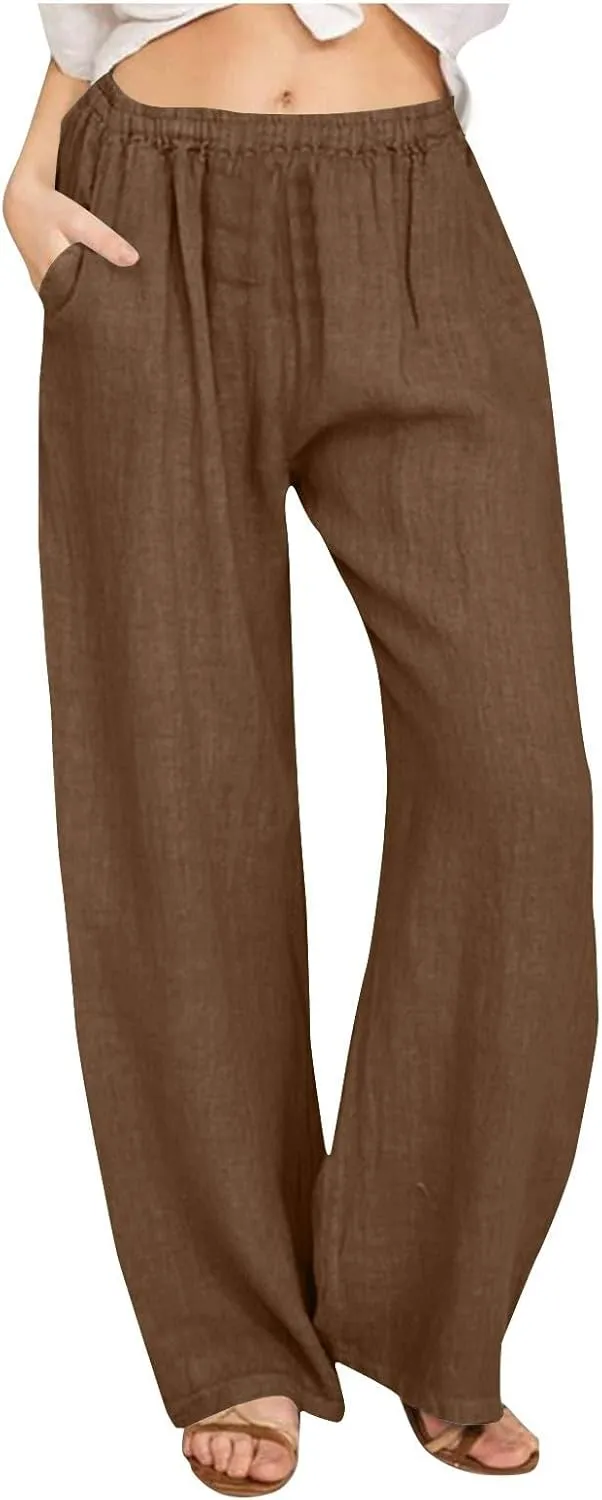 DASAYO Women's Summer Elastic Waist Cotton Linen Wide Leg Trousers Casual Loose Lounge Beach Palazzo Pants with Pockets