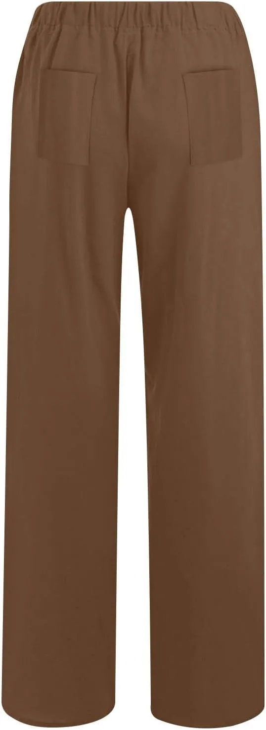 DASAYO Women's Summer Elastic Waist Cotton Linen Wide Leg Trousers Casual Loose Lounge Beach Palazzo Pants with Pockets