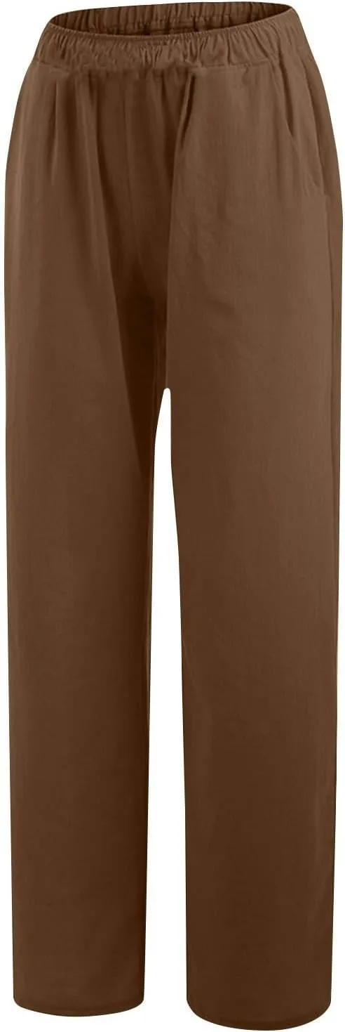 DASAYO Women's Summer Elastic Waist Cotton Linen Wide Leg Trousers Casual Loose Lounge Beach Palazzo Pants with Pockets