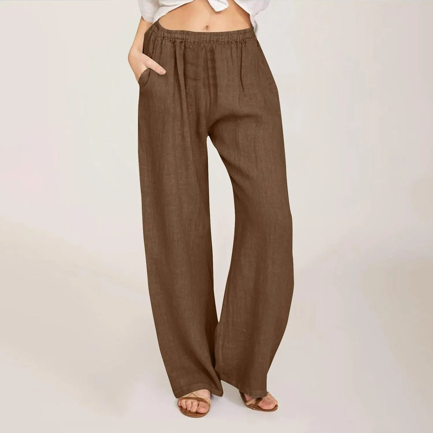 DASAYO Women's Summer Elastic Waist Cotton Linen Wide Leg Trousers Casual Loose Lounge Beach Palazzo Pants with Pockets