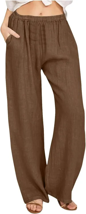 DASAYO Women's Summer Elastic Waist Cotton Linen Wide Leg Trousers Casual Loose Lounge Beach Palazzo Pants with Pockets