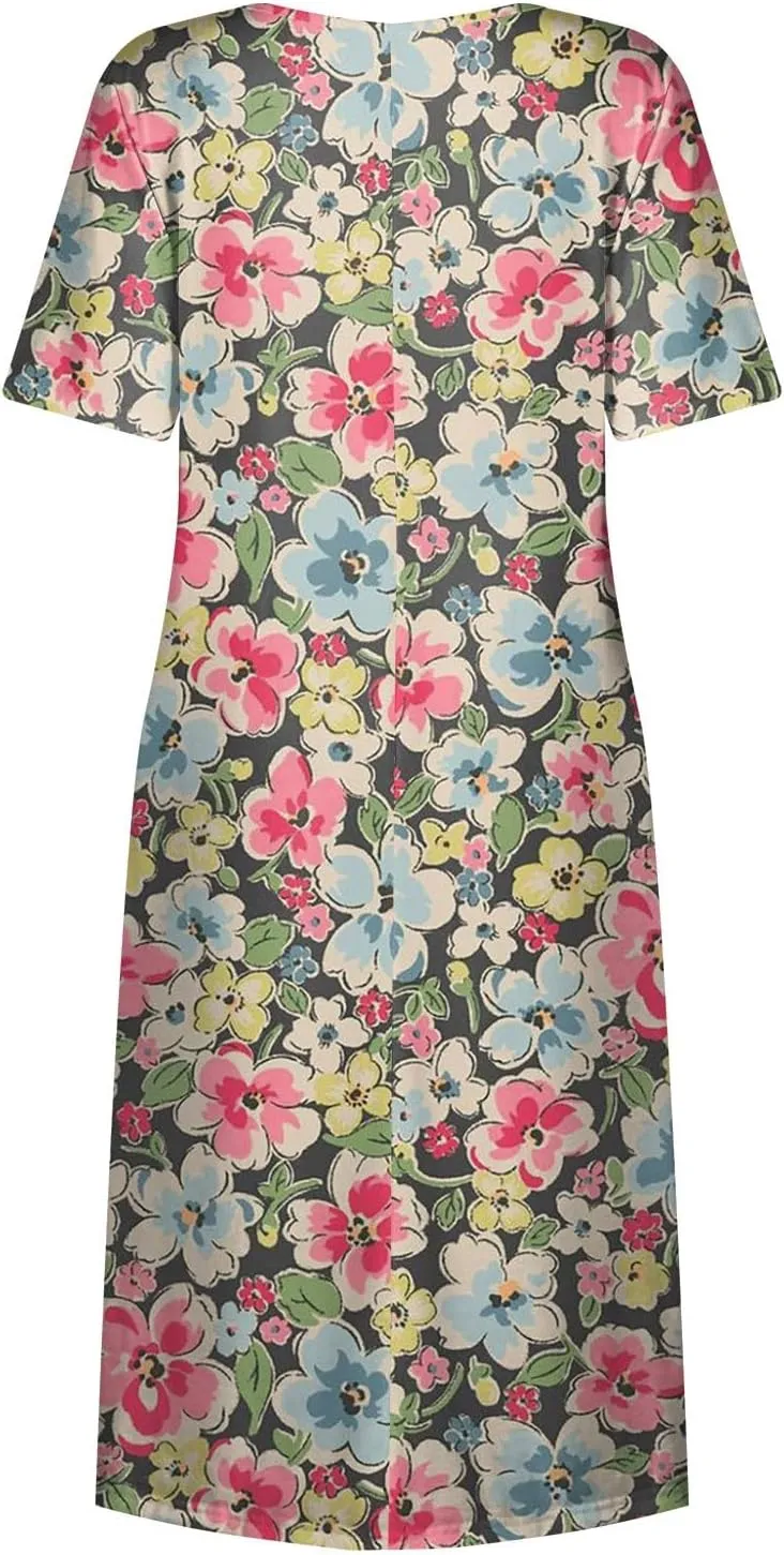 DPKLAD Summer High Waist Short Sleeve Dress for Women Soiree Beautiful Cotton Crew Neck Dresses Pocket Graphic Pullover.