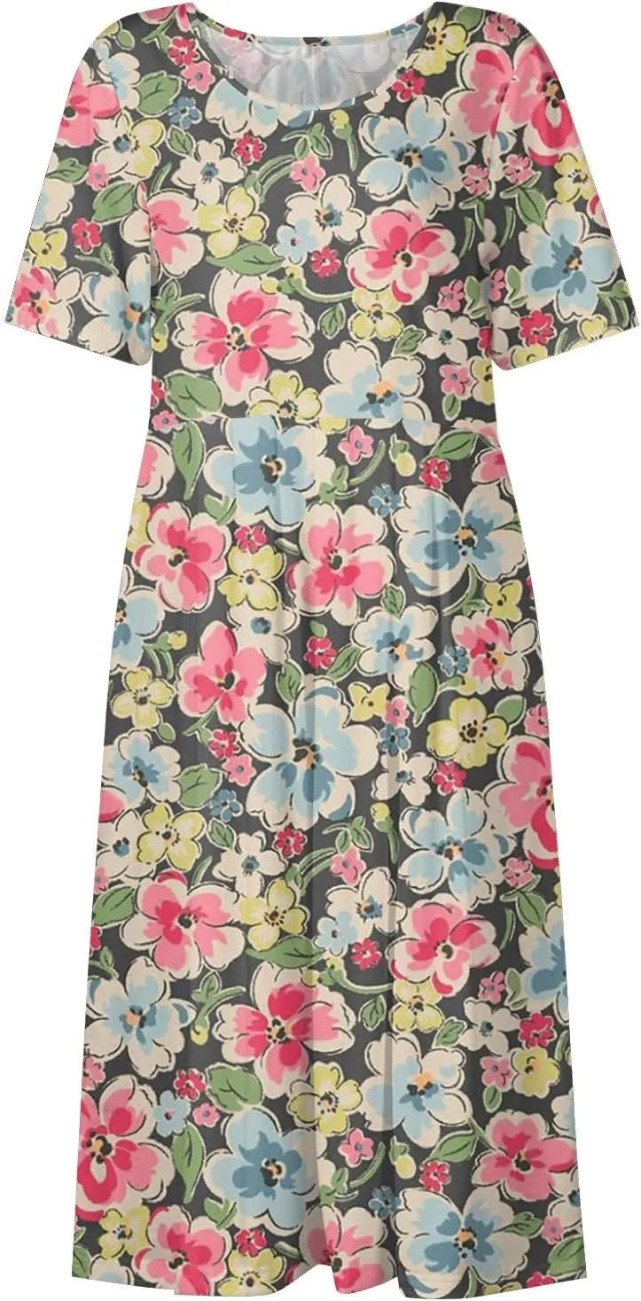 DPKLAD Summer High Waist Short Sleeve Dress for Women Soiree Beautiful Cotton Crew Neck Dresses Pocket Graphic Pullover.