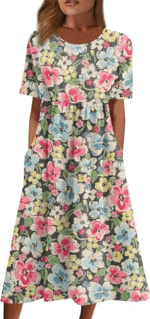 DPKLAD Summer High Waist Short Sleeve Dress for Women Soiree Beautiful Cotton Crew Neck Dresses Pocket Graphic Pullover.