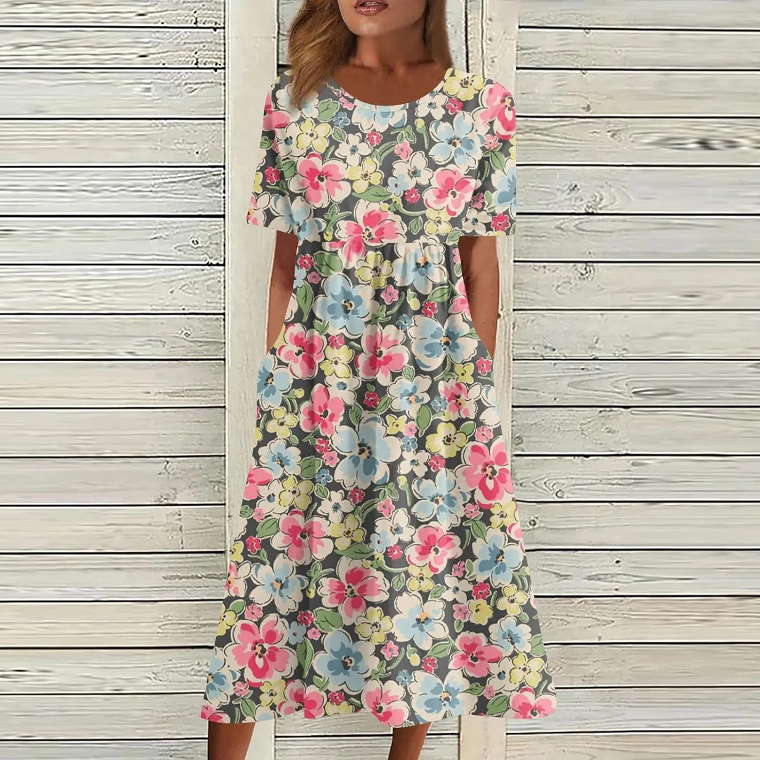 DPKLAD Summer High Waist Short Sleeve Dress for Women Soiree Beautiful Cotton Crew Neck Dresses Pocket Graphic Pullover.