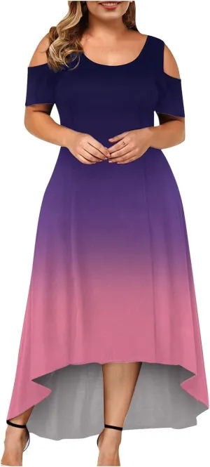 Dress for Women's Plus Size Cold Shoulder Maxi Dress Gradient Floral Skirt Beach Sundress Short Sleeves Midi Dress