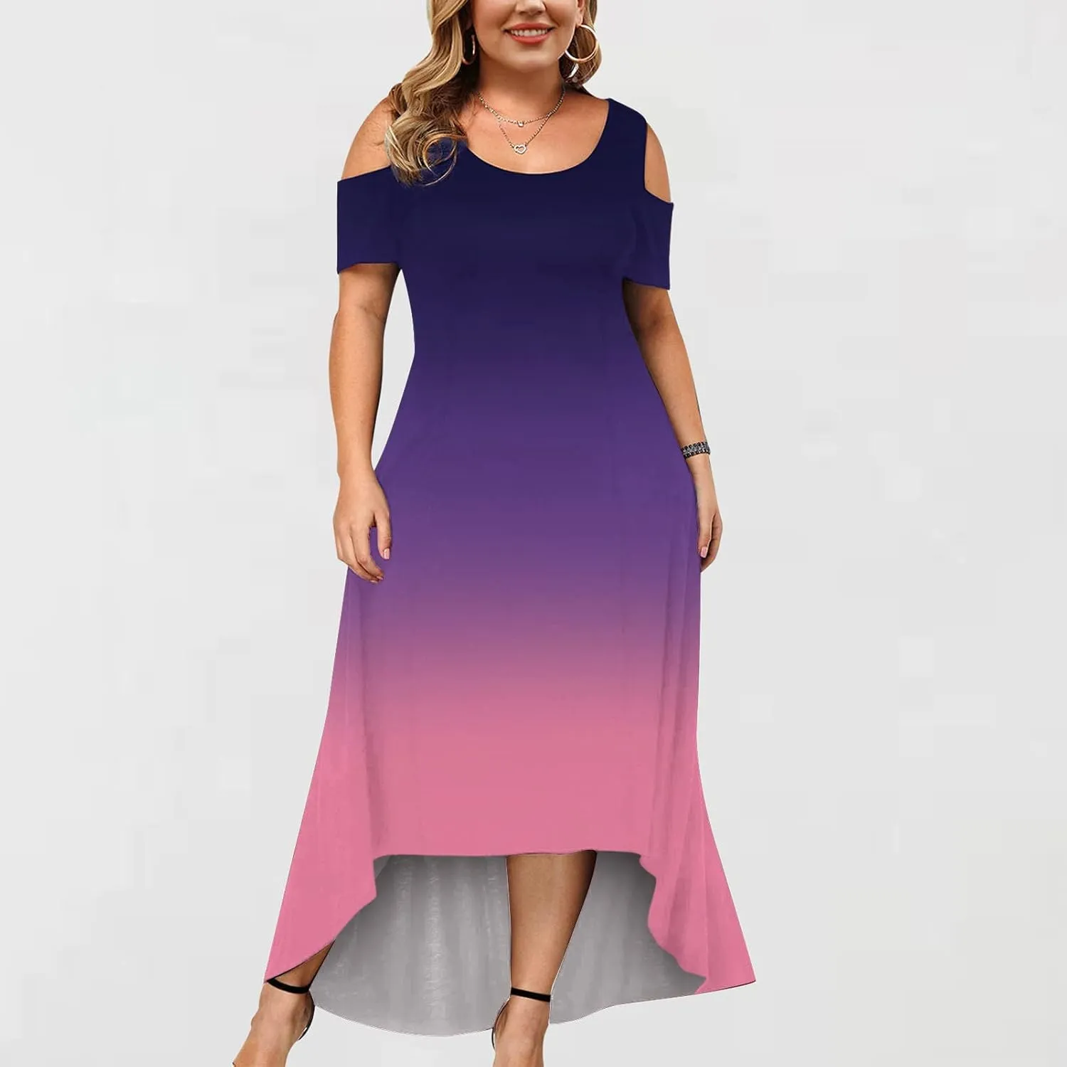 Dress for Women's Plus Size Cold Shoulder Maxi Dress Gradient Floral Skirt Beach Sundress Short Sleeves Midi Dress