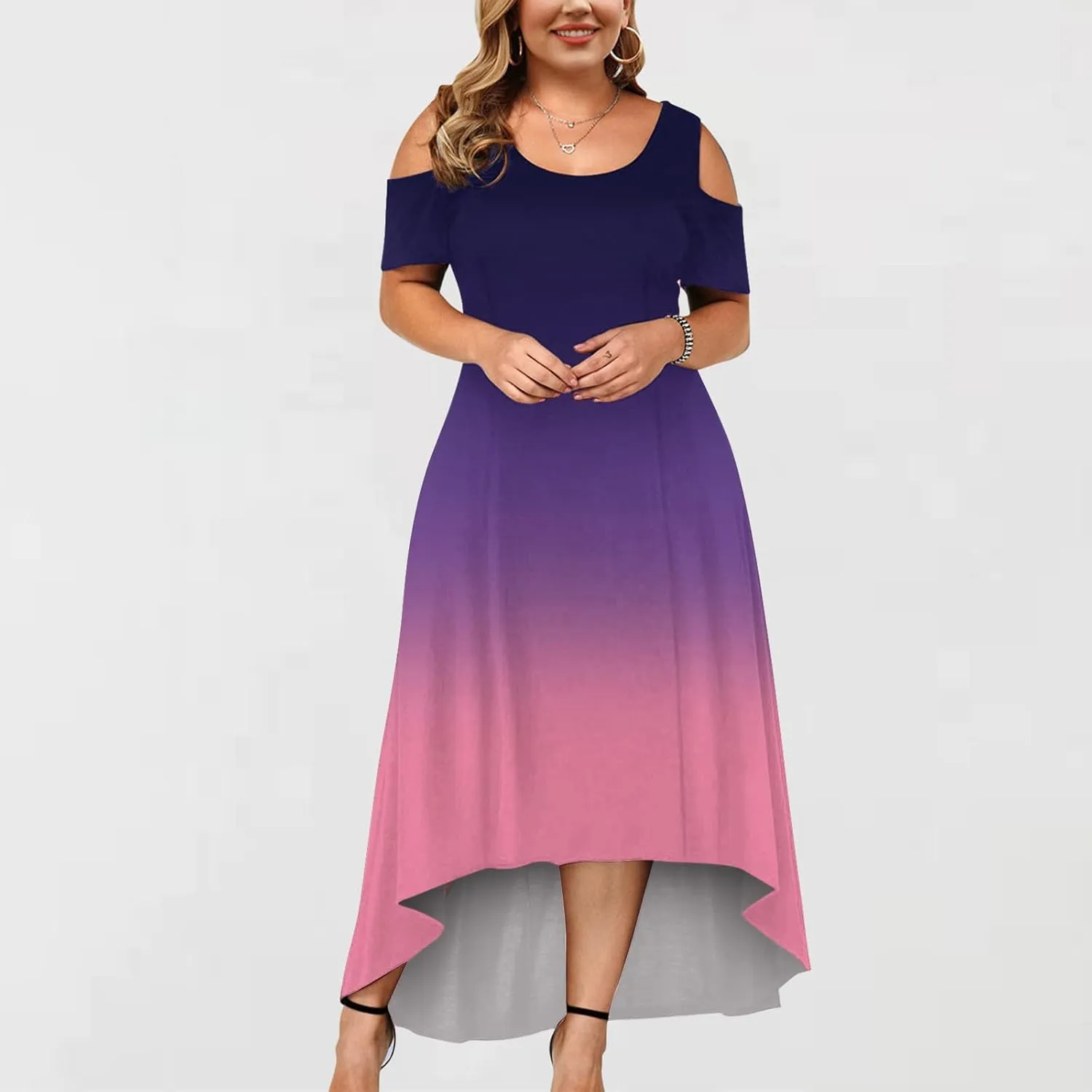 Dress for Women's Plus Size Cold Shoulder Maxi Dress Gradient Floral Skirt Beach Sundress Short Sleeves Midi Dress