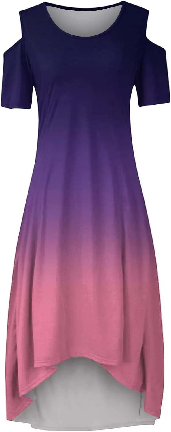 Dress for Women's Plus Size Cold Shoulder Maxi Dress Gradient Floral Skirt Beach Sundress Short Sleeves Midi Dress