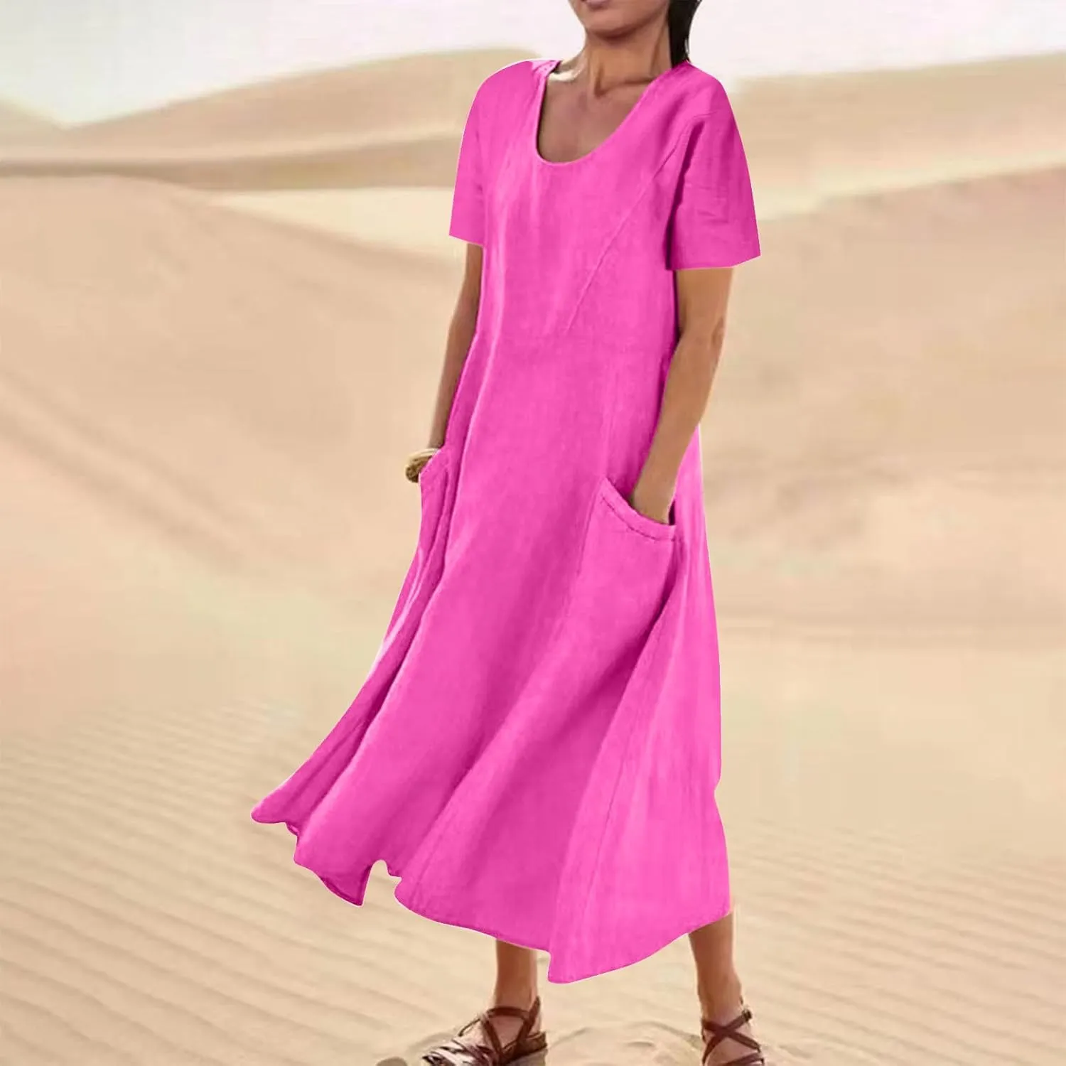 Finelylove Summer Dresses for Women 2025 Casual Flowy Midi Linen Dresses Short Sleeve Bohemian Beach Dress Gauze Sundress