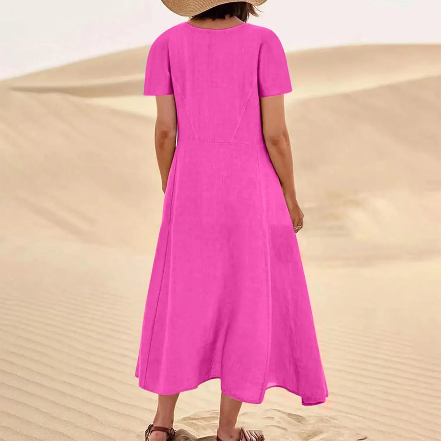 Finelylove Summer Dresses for Women 2025 Casual Flowy Midi Linen Dresses Short Sleeve Bohemian Beach Dress Gauze Sundress