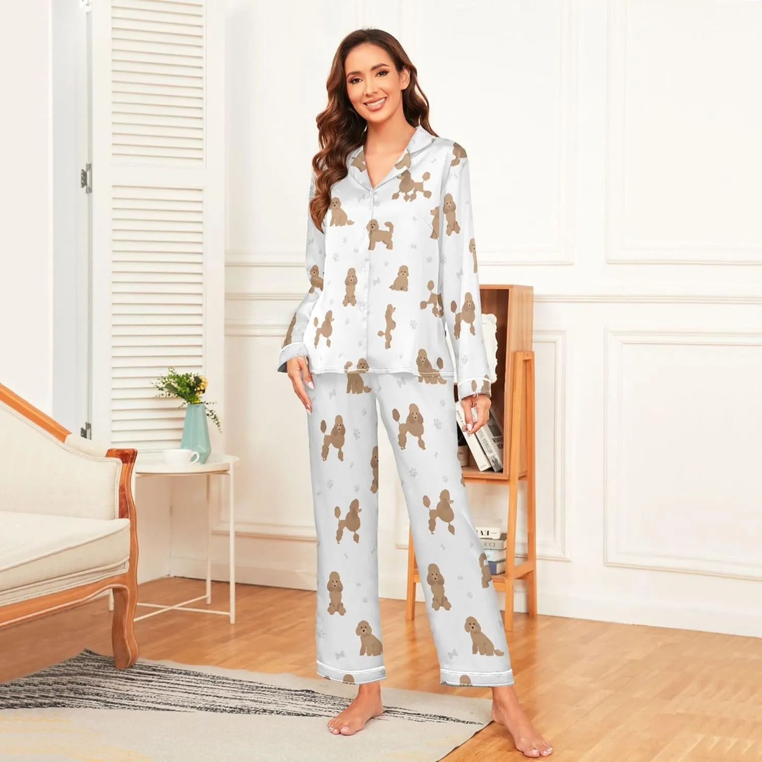 Fisyme Womens Satin Pajama Set Long Sleeve Button Down Sleepwear Nightwear Loungewear Pj Sets S-XXL