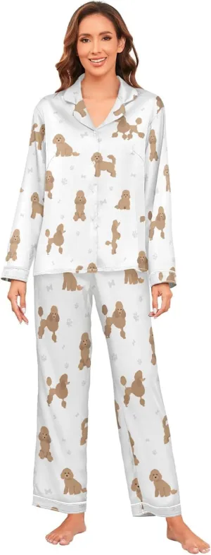 Fisyme Womens Satin Pajama Set Long Sleeve Button Down Sleepwear Nightwear Loungewear Pj Sets S-XXL