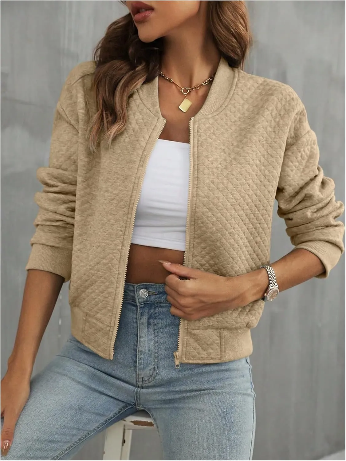 Floerns Women's Plaid Print Zip Up Bomber Jacket Casual Long Sleeve Coat Outwear