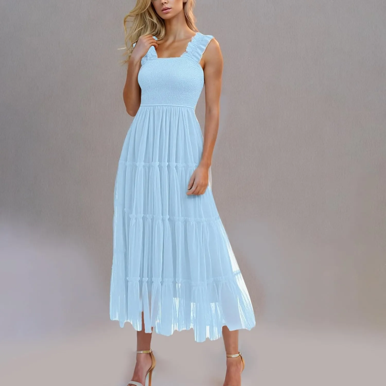 Flowy Dresses for Women Trendy Summer Midi Beach Dress Sleeveless Smocked Square Neck Party Wedding Guest Sundress