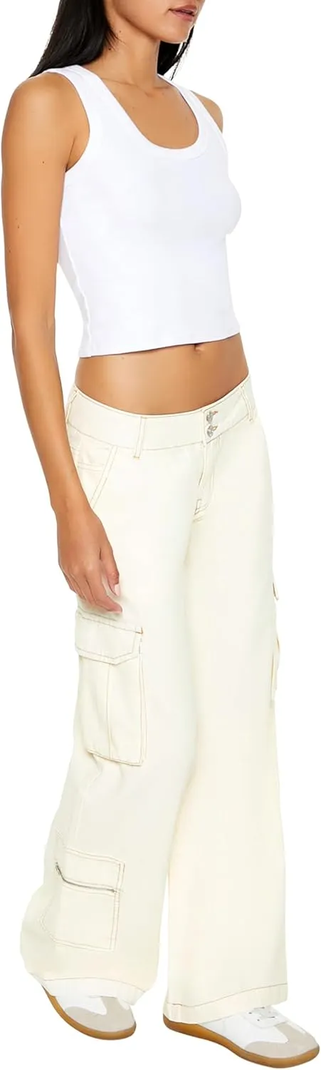 Forever 21 Women's Twill Wide-Leg Cargo Pants