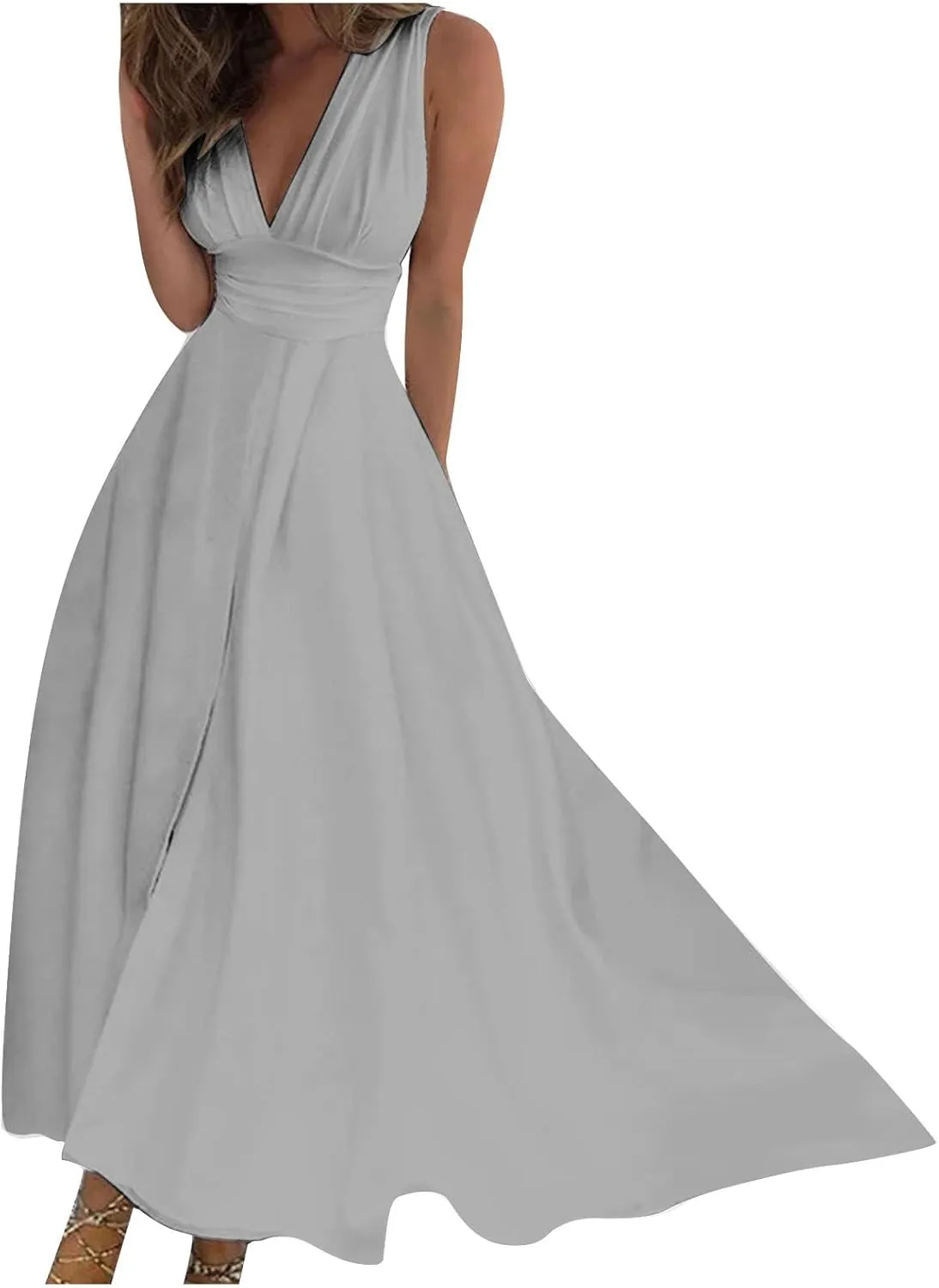 FZYLQY Sundresses for Women, 2024 Spring Summer Elegant Wrap V Neck Sleeveless Maxi Dress, Trendy Solid Flowy Beach Dress