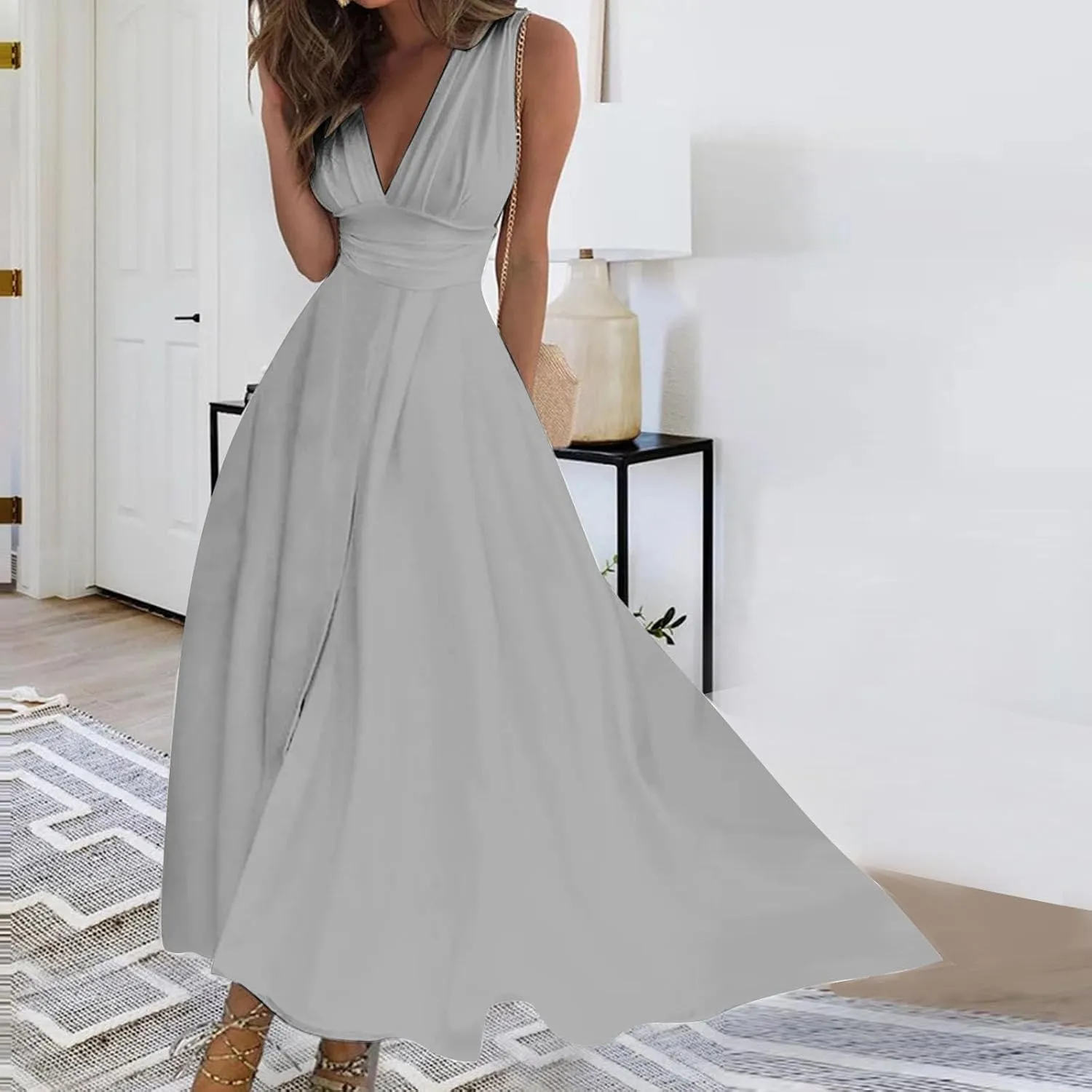 FZYLQY Sundresses for Women, 2024 Spring Summer Elegant Wrap V Neck Sleeveless Maxi Dress, Trendy Solid Flowy Beach Dress