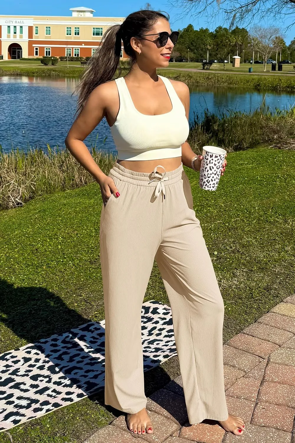 G4Free Ribbed Wide Leg Yoga Pants for Women with Pockets Drawstring High Waist Casual Lounge Pants Petite/Regular/Tall