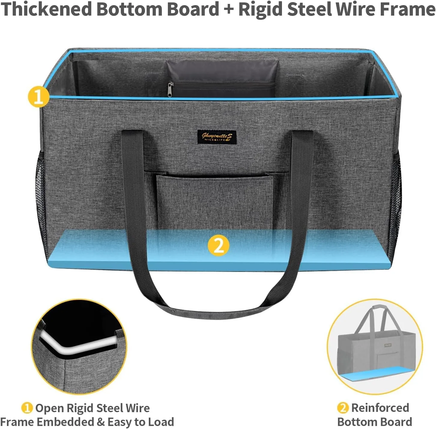 GhvyenntteS Extra Large Utility Tote Bag, Stand Up Utility Tote with Metal Wire Frame & Hard Bottom Board, Reusable Grocery Bags With Handles, Extra Large Beach Bag, Collapsible Car Tote
