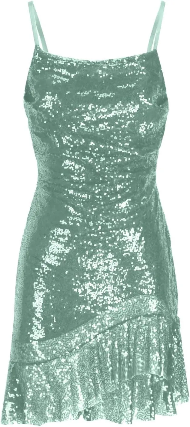Going Out Dresses for Women Cute Sexy Sparkly Sequin Ruffle Mini Dress Fashion Spaghetti Strap Split Bodycon Dresses
