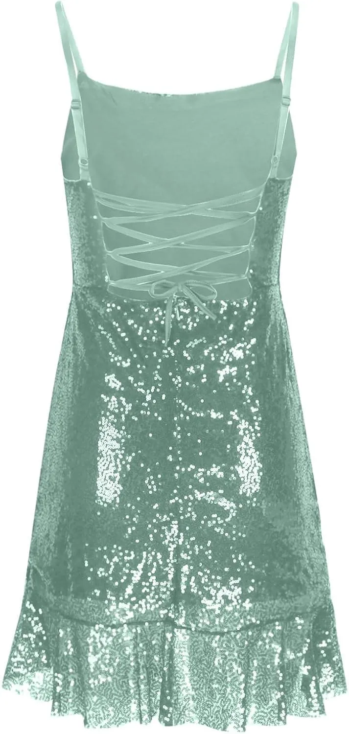 Going Out Dresses for Women Cute Sexy Sparkly Sequin Ruffle Mini Dress Fashion Spaghetti Strap Split Bodycon Dresses