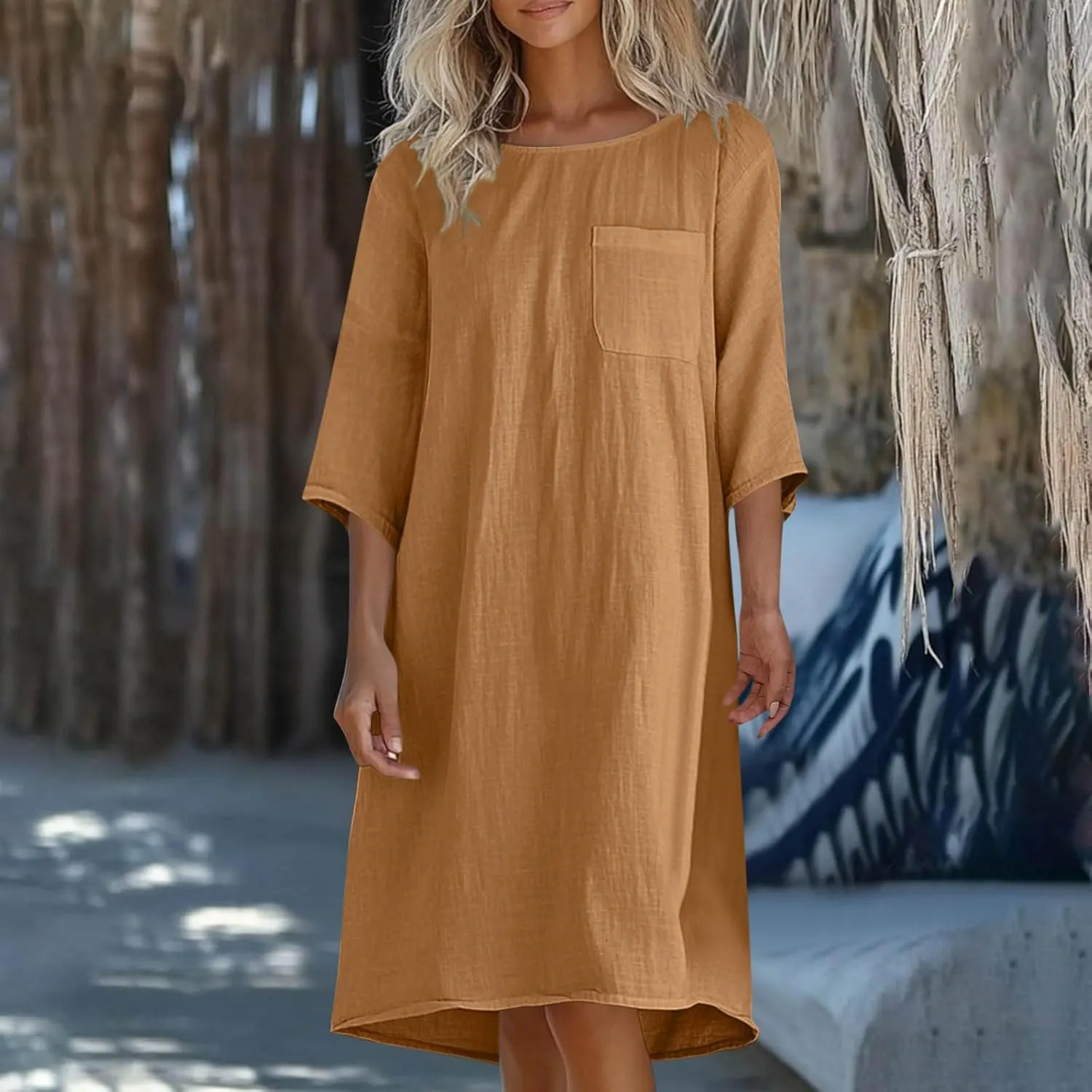 hlysgo Womens Vacation Dress 2025 Summer Casual 3/4 Sleeve Mini Dresses Loose Comfy Knee Length Beach Dress with Pockets