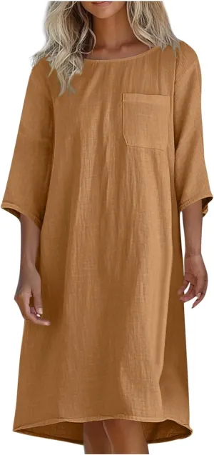 hlysgo Womens Vacation Dress 2025 Summer Casual 3/4 Sleeve Mini Dresses Loose Comfy Knee Length Beach Dress with Pockets