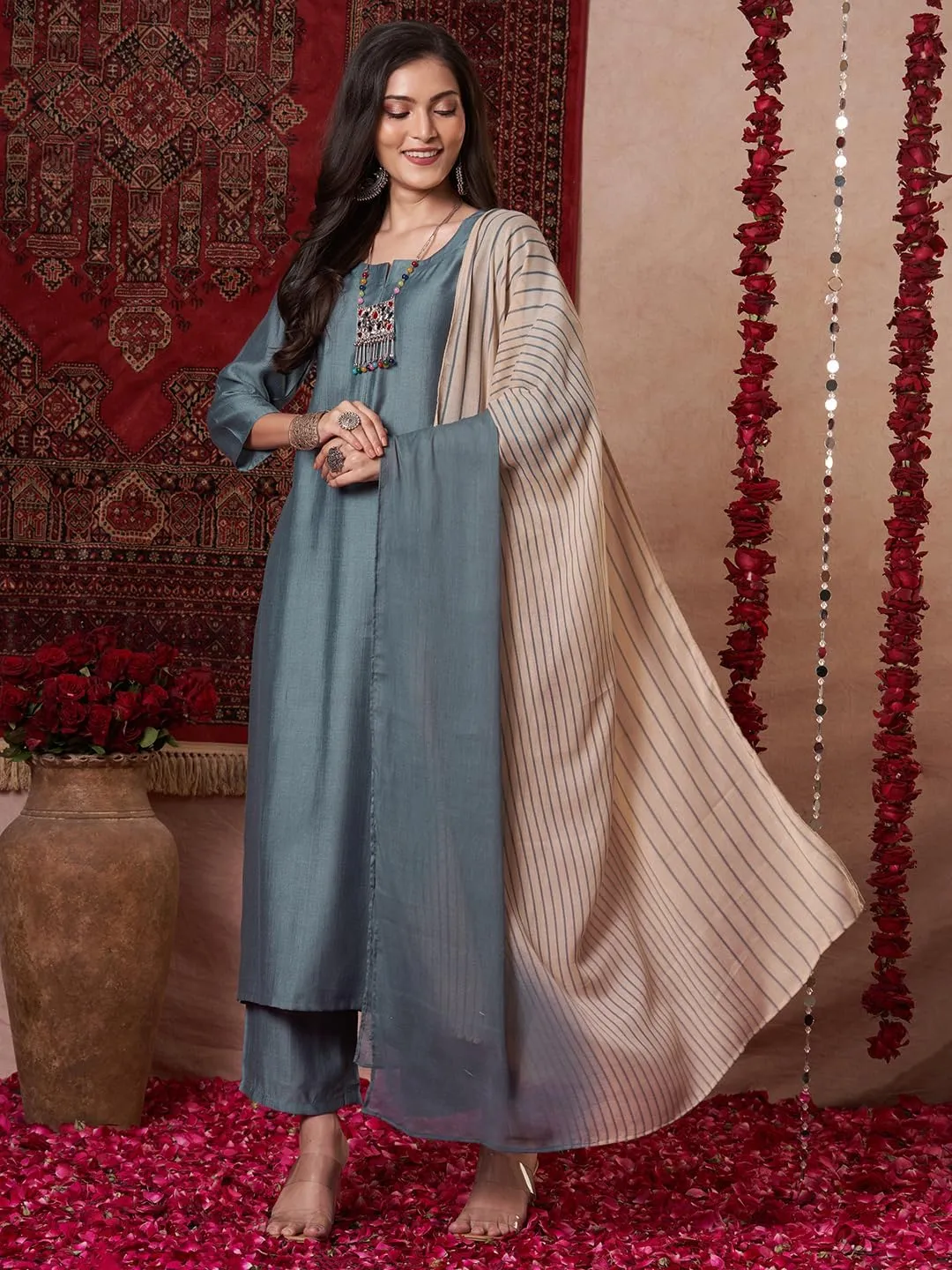 Indian Women's Rayon Viscose Straight Solid Kurta with Pant and Dupatta Set