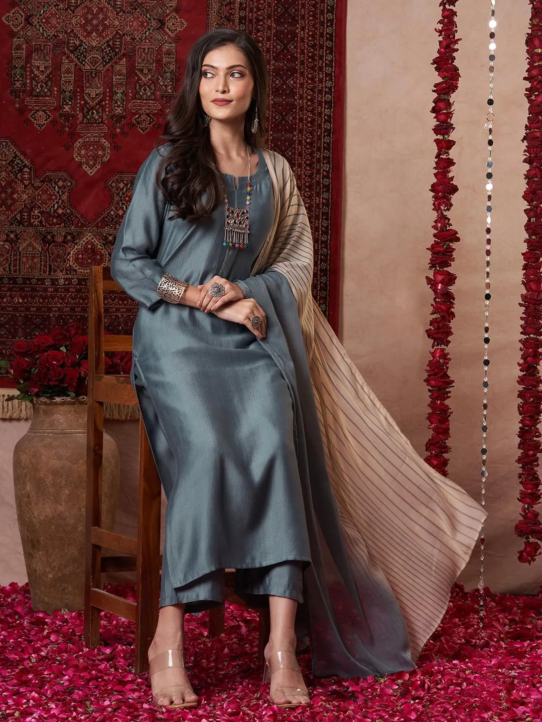 Indian Women's Rayon Viscose Straight Solid Kurta with Pant and Dupatta Set