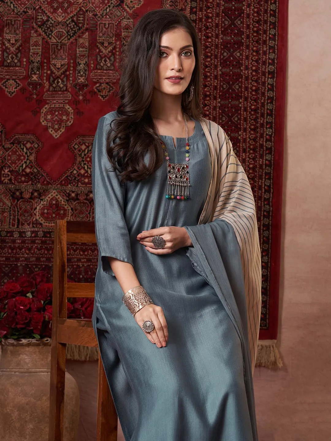 Indian Women's Rayon Viscose Straight Solid Kurta with Pant and Dupatta Set