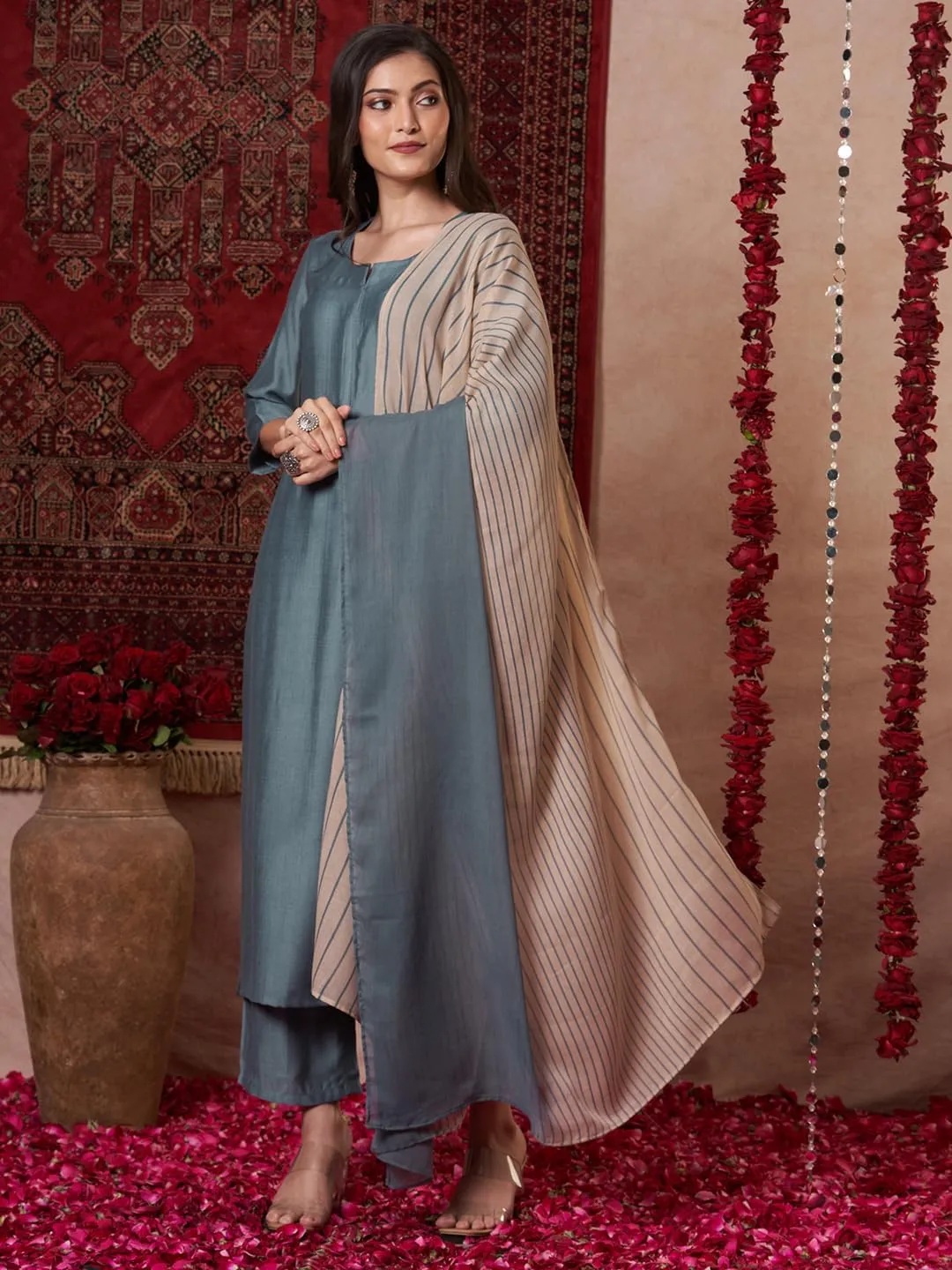 Indian Women's Rayon Viscose Straight Solid Kurta with Pant and Dupatta Set