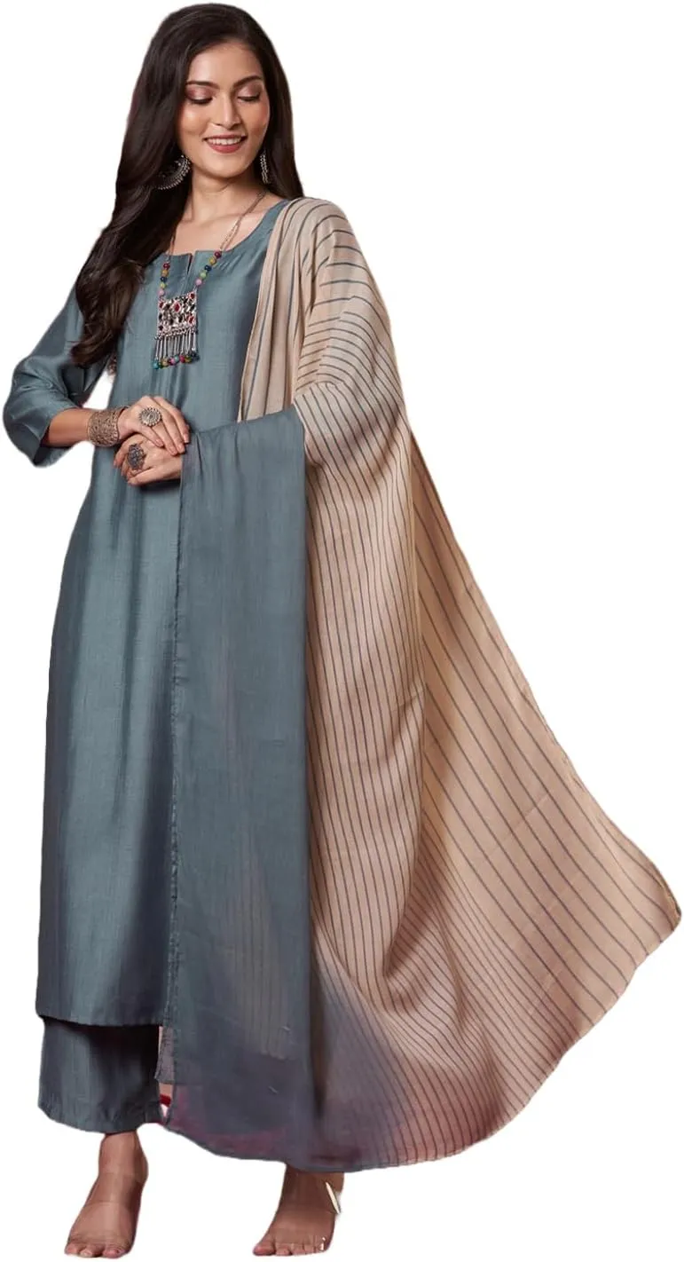 Indian Women's Rayon Viscose Straight Solid Kurta with Pant and Dupatta Set