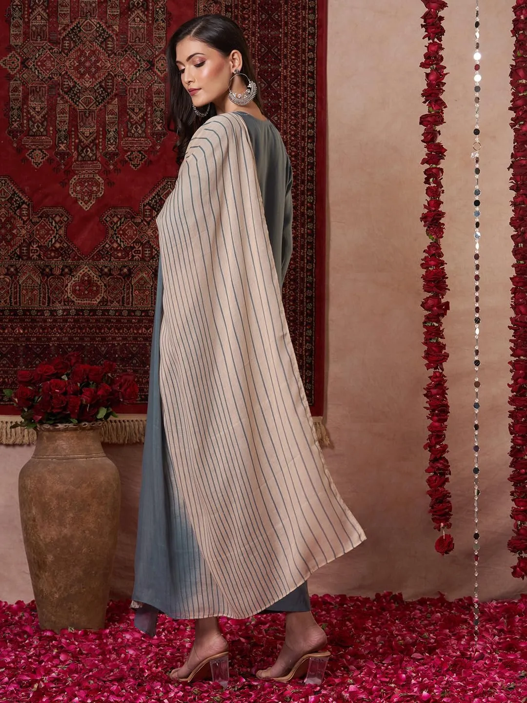 Indian Women's Rayon Viscose Straight Solid Kurta with Pant and Dupatta Set