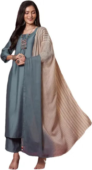 Indian Women's Rayon Viscose Straight Solid Kurta with Pant and Dupatta Set