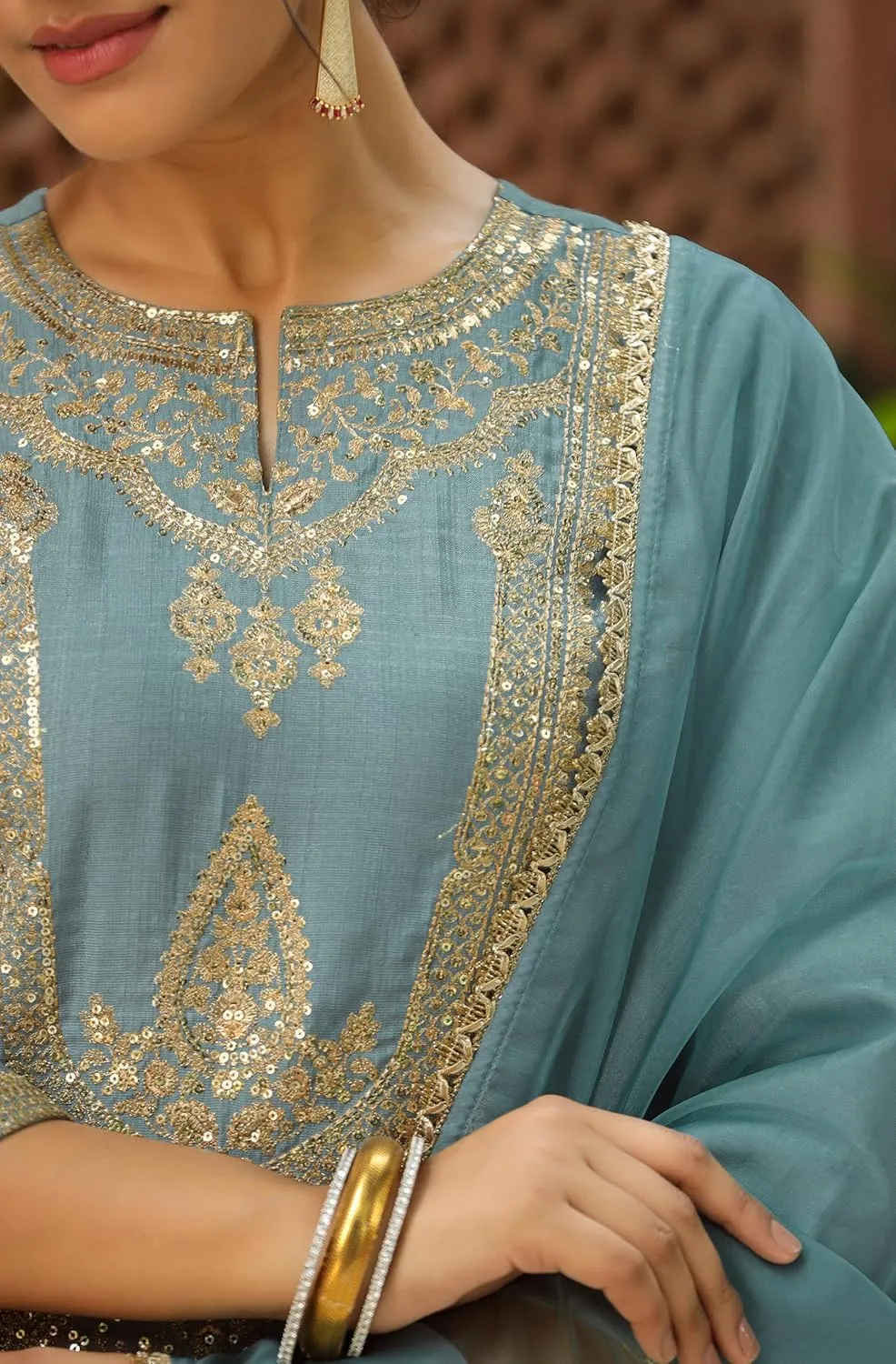 Janasya Indian Women's Green Kurta Kurti Top Tunic Embroidered Festive Wedding Party Kurta with Pant and Dupatta for Women