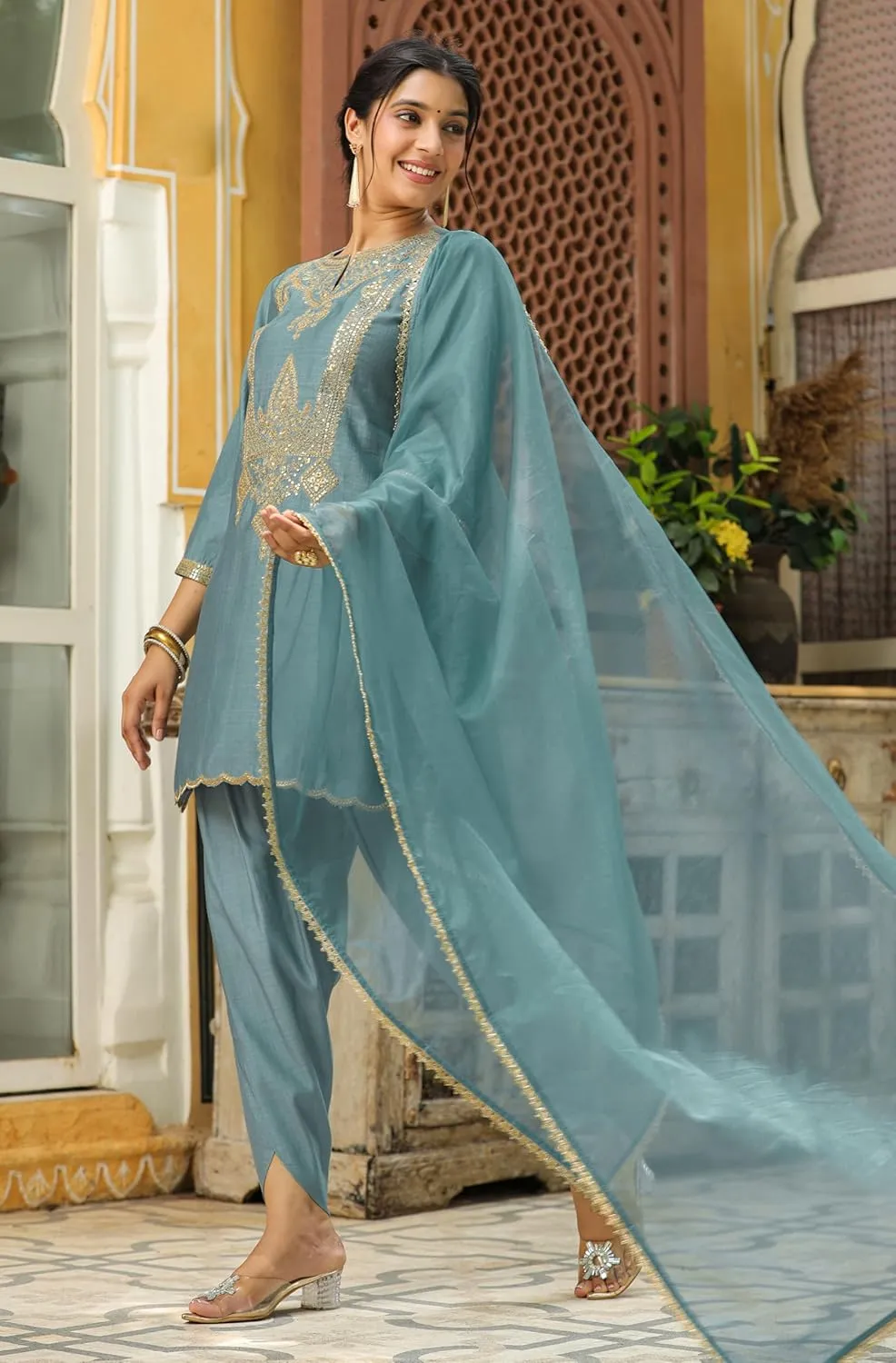 Janasya Indian Women's Green Kurta Kurti Top Tunic Embroidered Festive Wedding Party Kurta with Pant and Dupatta for Women