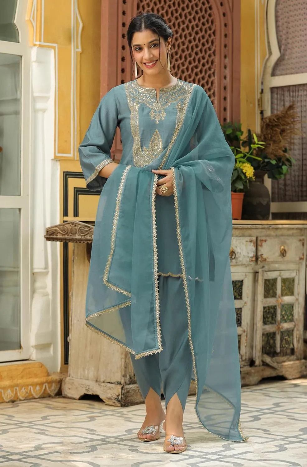 Janasya Indian Women's Green Kurta Kurti Top Tunic Embroidered Festive Wedding Party Kurta with Pant and Dupatta for Women