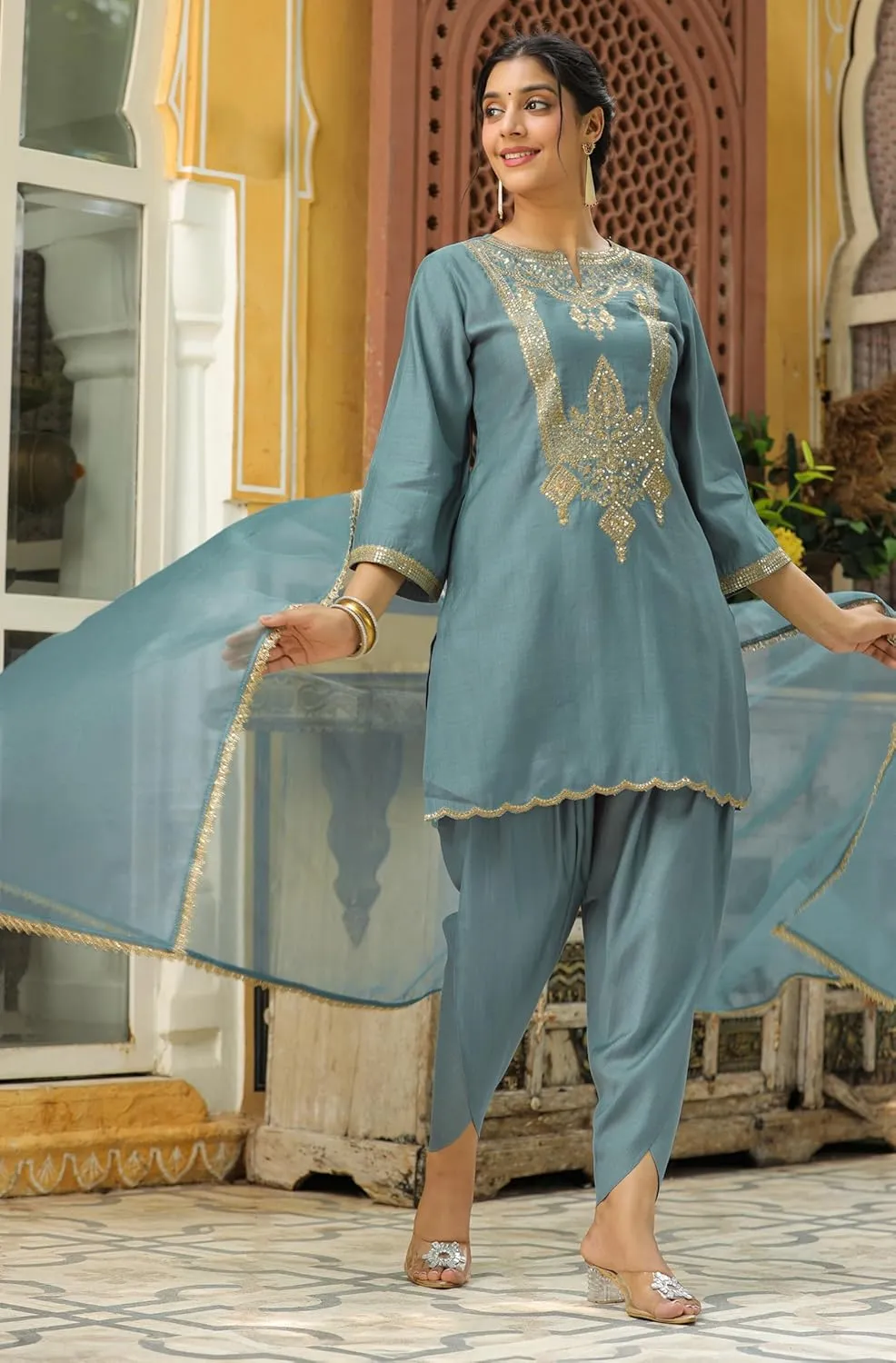 Janasya Indian Women's Green Kurta Kurti Top Tunic Embroidered Festive Wedding Party Kurta with Pant and Dupatta for Women