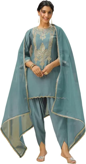Janasya Indian Women's Green Kurta Kurti Top Tunic Embroidered Festive Wedding Party Kurta with Pant and Dupatta for Women