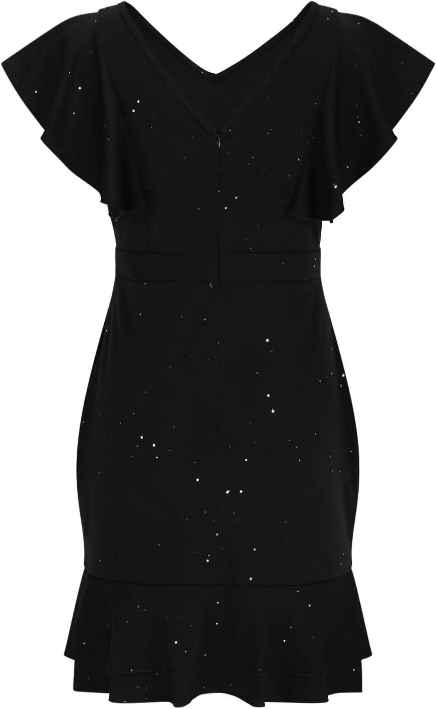JOAU Women's Flutter Sleeve Formal Sparkly Sequin Mini Dress V Neck Ruffle Hem Cocktail Party Dresses Elegant Bodycon Dress