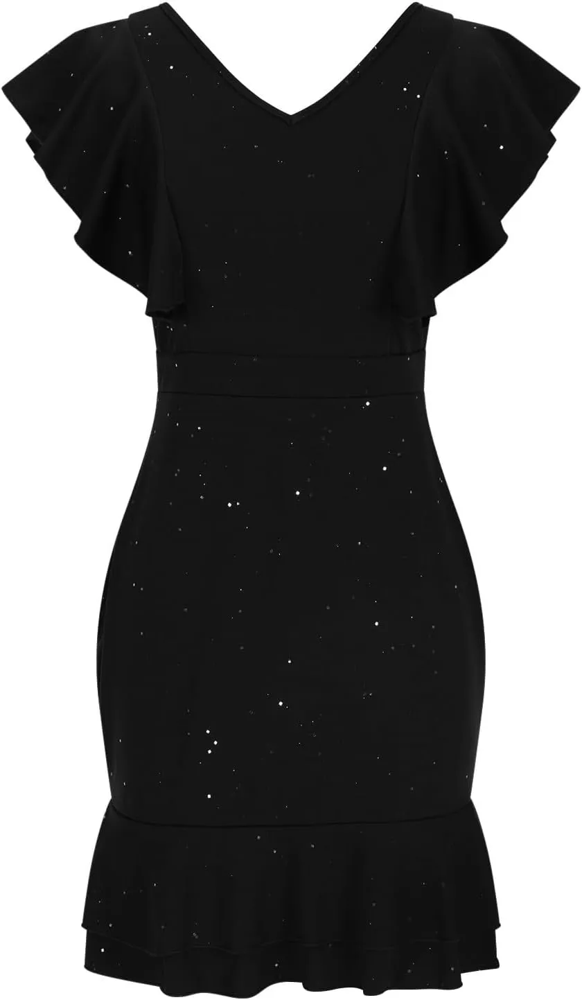 JOAU Women's Flutter Sleeve Formal Sparkly Sequin Mini Dress V Neck Ruffle Hem Cocktail Party Dresses Elegant Bodycon Dress