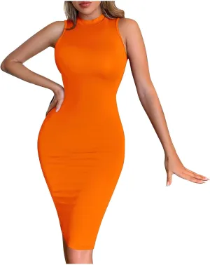 JOAU Women's Mock Neck Sleeveless Tank Dress Sexy Bodycon Knee Length Pencil Midi Dresses Summer Cocktail Party Sundress