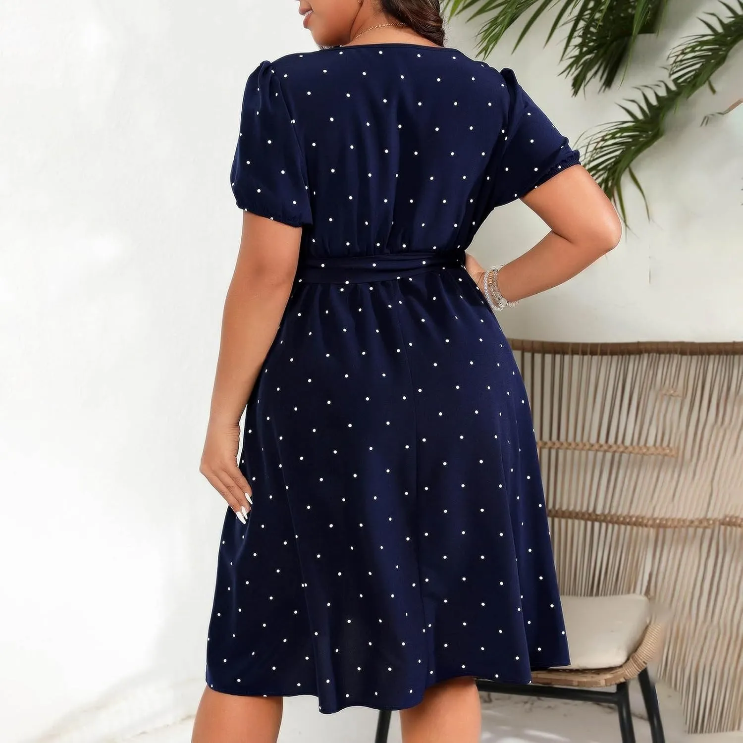 JOAU Womens Plus Size Square Neck Puff Short Sleeve High Waist Polka Dots Belted Midi Dress Cute Swing A-Line Babydoll Dress