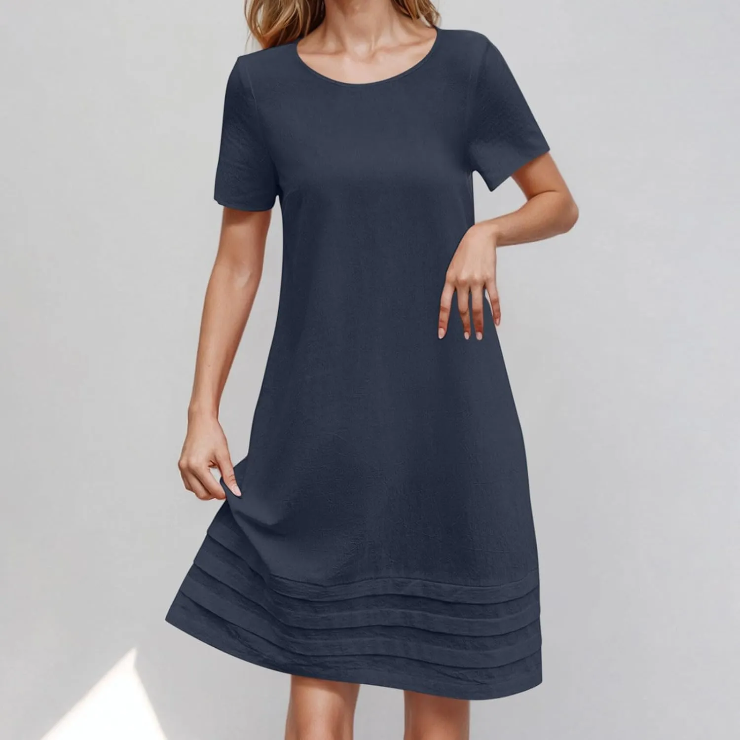 JOAU Womens Summer Cotton Linen Dress 2025 Trendy Short Sleeve Crew Neck Mini T Shirt Dresses Casual Tiered Pleated Hem Dress
